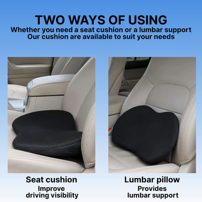 Two ways to use a car seat cushion or lumbar support with text on a blue background.