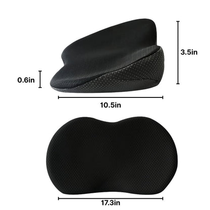 Black ergonomic seat cushion with measurements on a white background