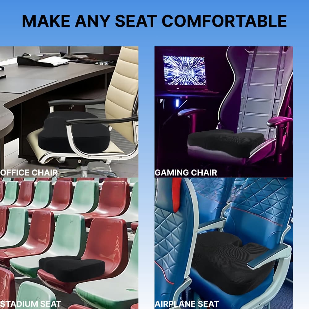 Various seating options with comfort cushions labeled for office, gaming, stadium, and airplane seats.