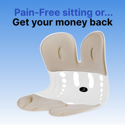 Beige and white seat cushion with text on a blue background