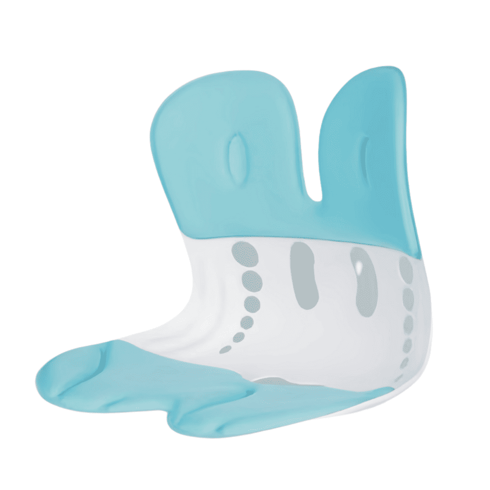 Blue and white baby bootie with footprints on a white background