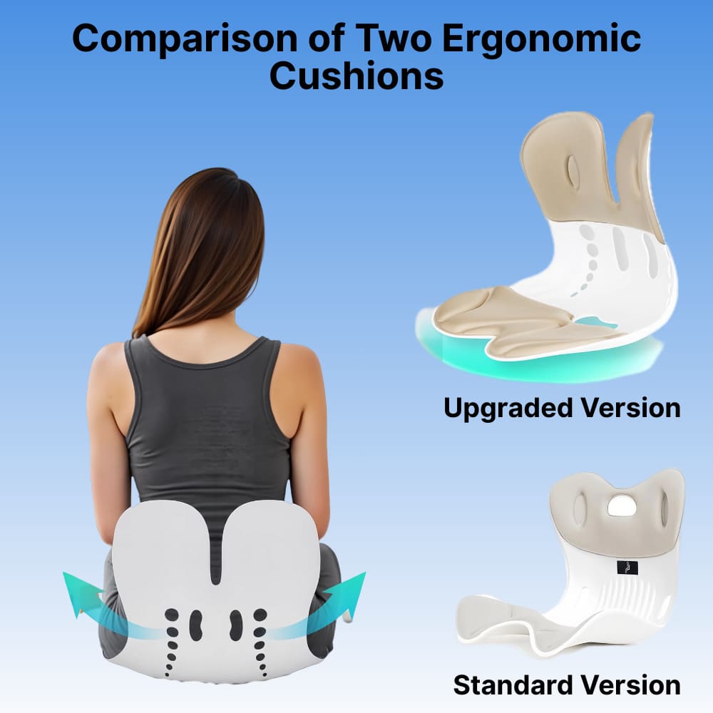 Comparison of two ergonomic cushions with a person using one, on a blue background.