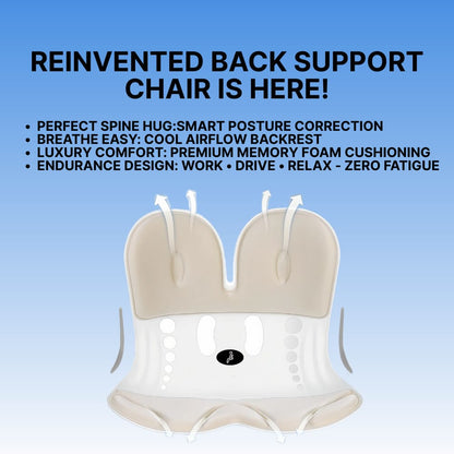 Back support chair with features listed on a blue background