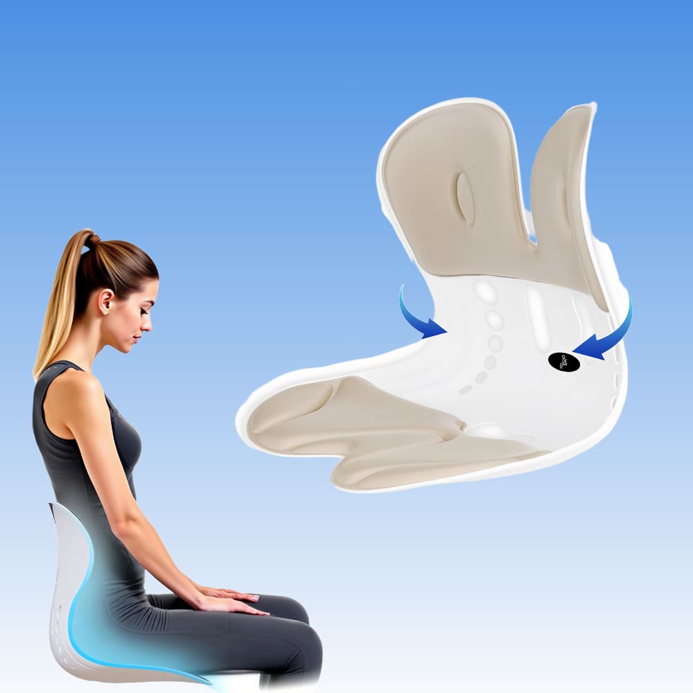 Woman sitting on a unique chair with a blue light, and the chair is shown in detail on a clear background.