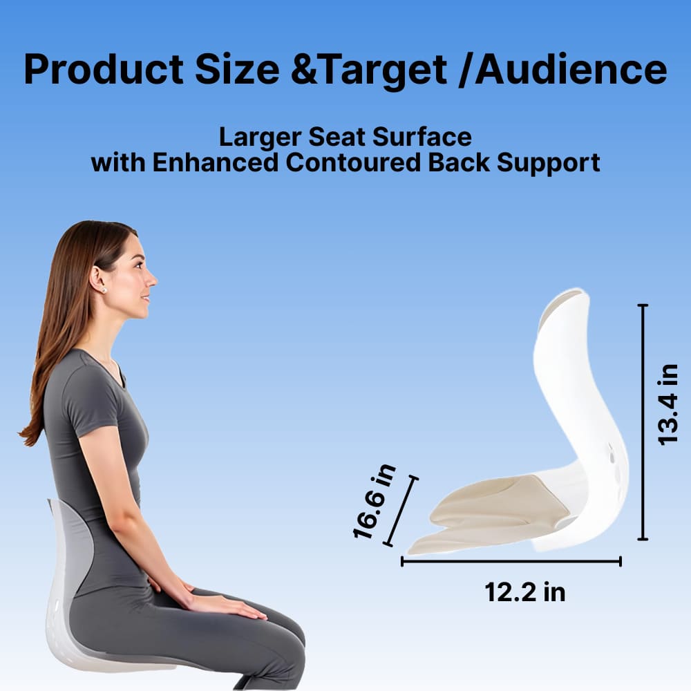 Chair cushion with measurements and a person sitting on it, against a blue background.