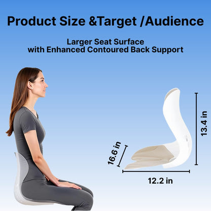 Chair cushion with measurements and a person sitting on it, against a blue background.