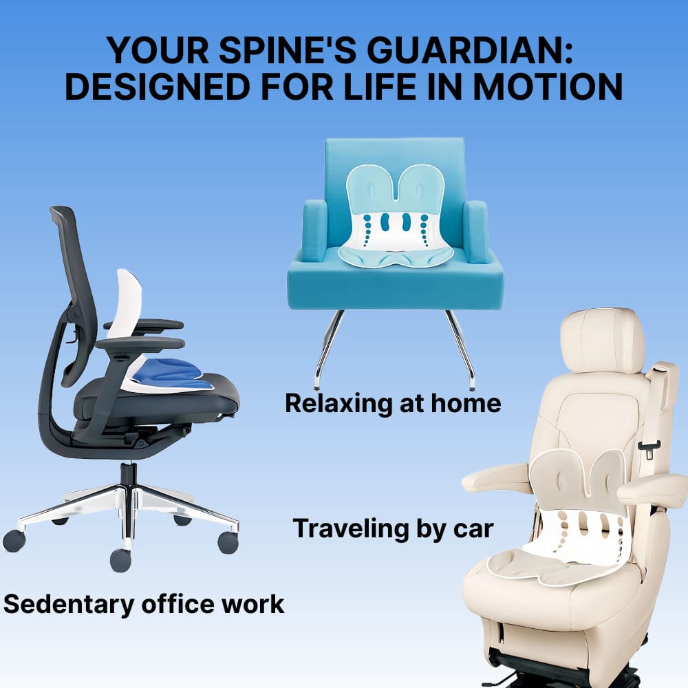 Chair with various attachments labeled for different activities on a blue background
