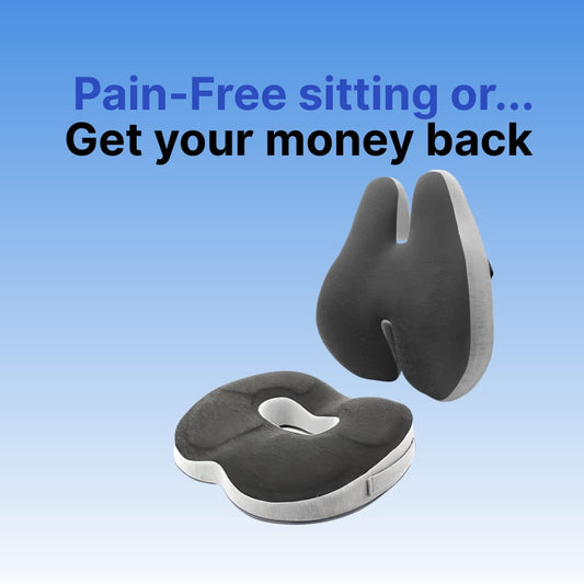 seat cushions and lumbar on a blue background with promotional text.