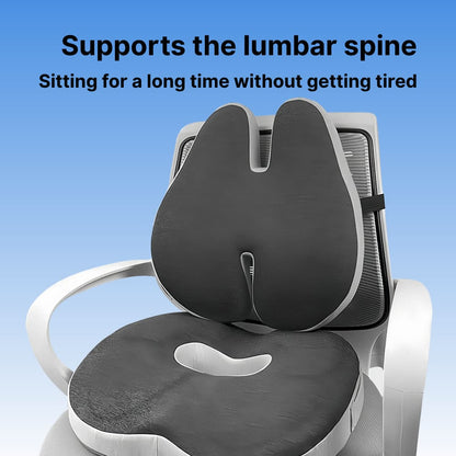 Gray seat cushion on a chair with text highlighting its benefits against a blue gradient background