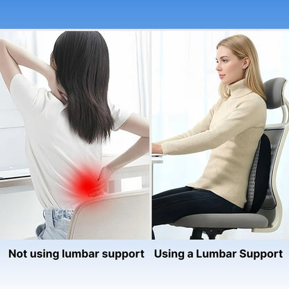 Comparison of back discomfort with and without lumbar support, shown on two women sitting in chairs.