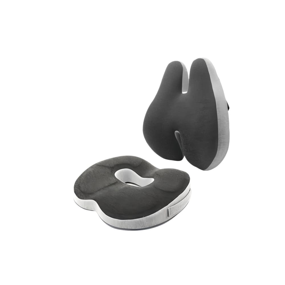 Two black and gray seat cushions on a white background