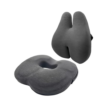 Two gray ergonomic seat cushions on a white background