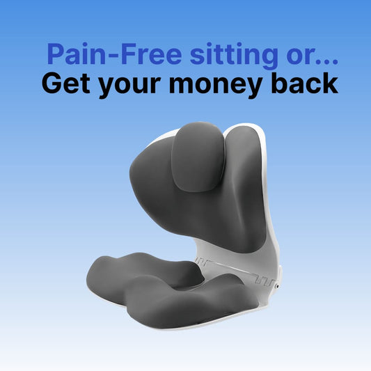 Gray ergonomic seat cushion with text on a blue background