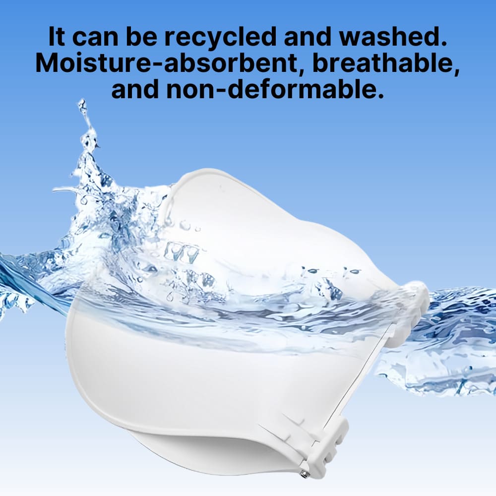 White product with water splash on a blue background, text about recyclability and properties.
