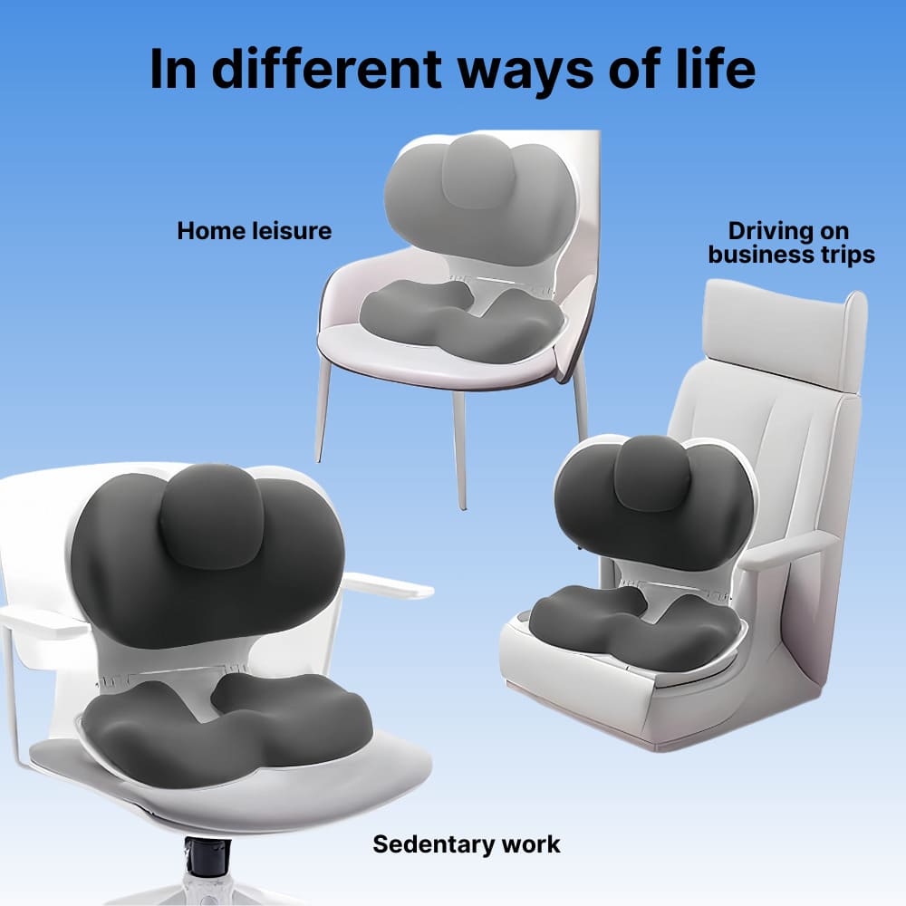 Massage chair cushions shown in different settings with text labels.