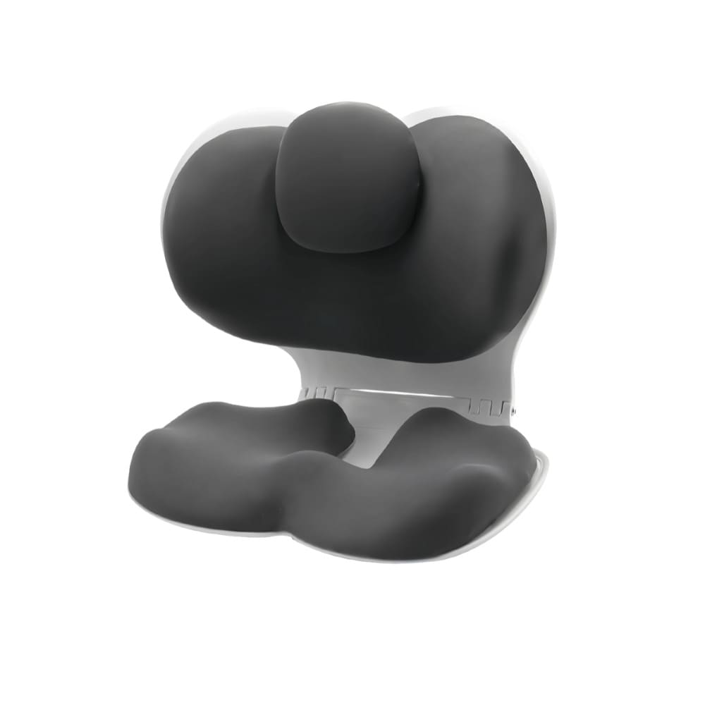 Black neck pillow with a white base on a white background