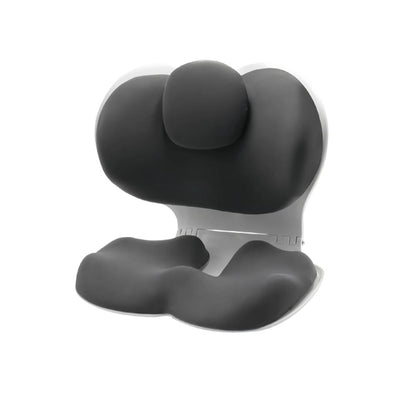 Black neck pillow with a white base on a white background