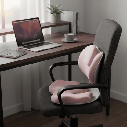 Byeache pink ergonomic lumbar cushion on gray office chair with desk setup