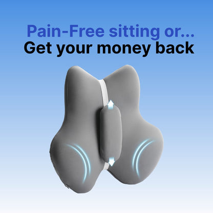 Gray seat cushion with text 'Pain-Free sitting or... Get your money back' on a blue background