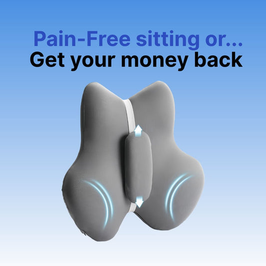 Gray seat cushion with text 'Pain-Free sitting or... Get your money back' on a blue background