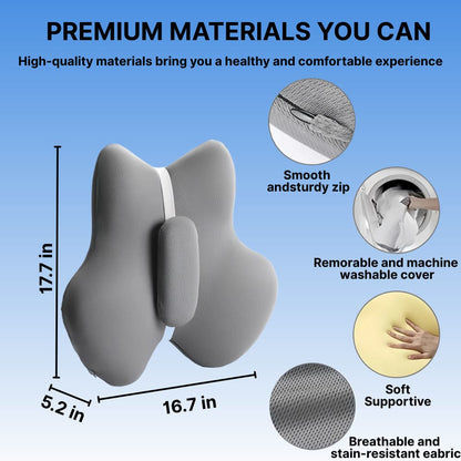 Gray neck pillow with features highlighted on a blue background