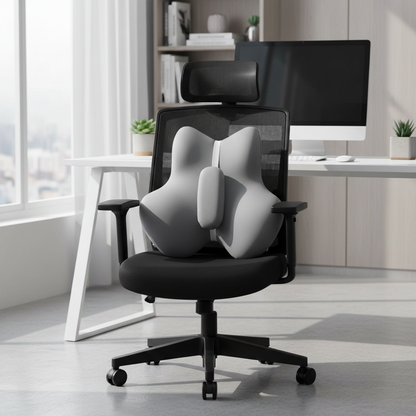 Byeache gray ergonomic lumbar support pillow with adjustable strap on black office chair