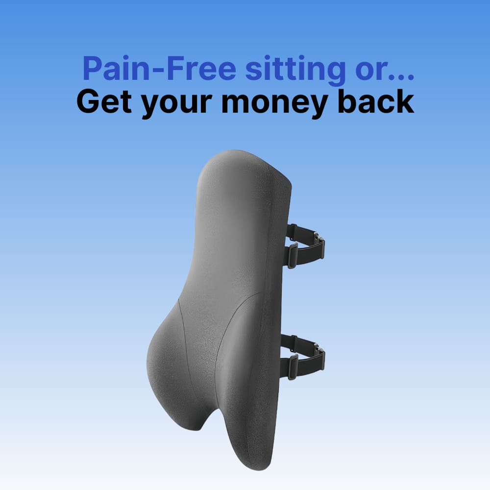 Gray bicycle seat with text 'Pain-Free sitting or... Get your money back' on a blue gradient background