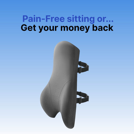 Gray bicycle seat with text 'Pain-Free sitting or... Get your money back' on a blue gradient background