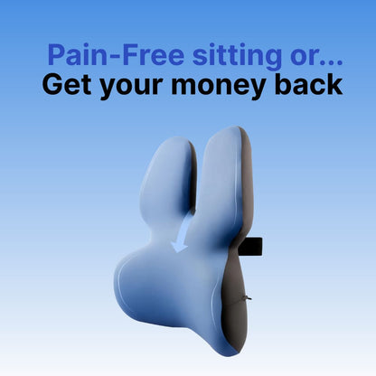 Sitting product with text 'Pain-Free sitting or... Get your money back' on a blue background