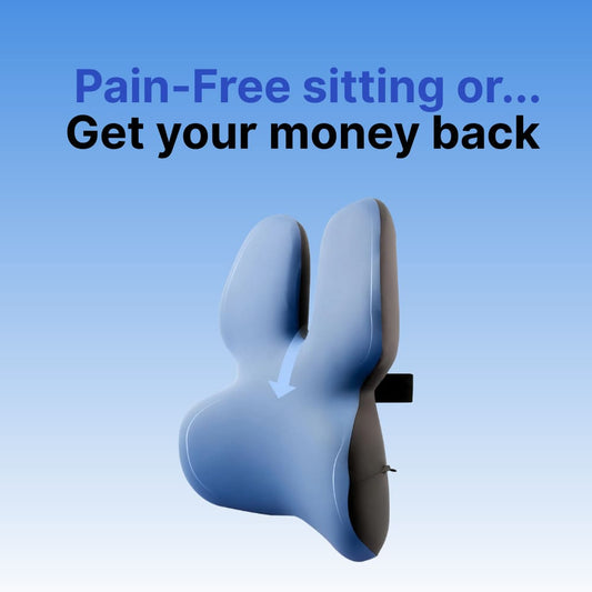 Sitting product with text 'Pain-Free sitting or... Get your money back' on a blue background