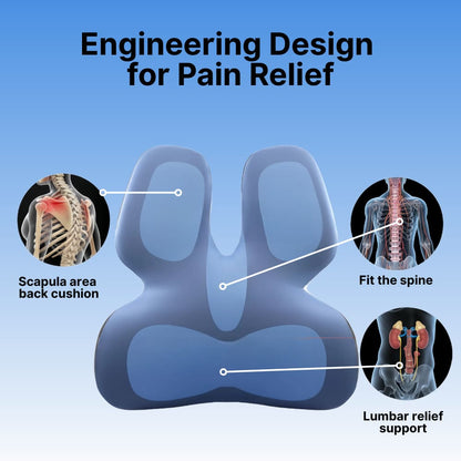 Innovative chair design with labeled areas for pain relief on a blue background