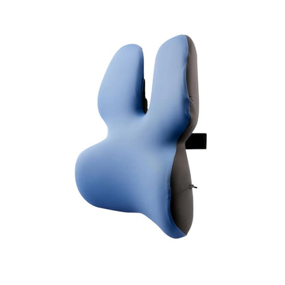 Blue neck pillow with black strap on a white background