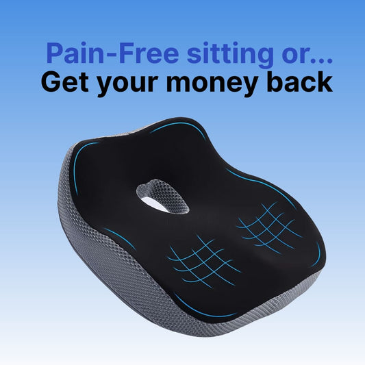 Ergonomic seat cushion with text on a blue background