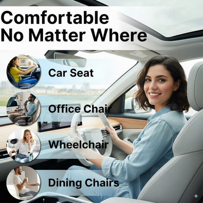 Woman sitting in a car with text about comfortable seating solutions for various situations.
