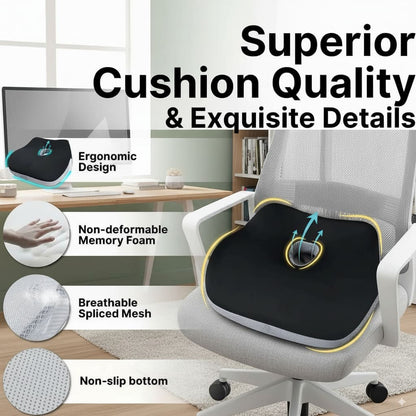 Chair cushion with ergonomic design, non-deformable memory foam, breathable spliced mesh, and non-slip bottom on a chair in an office setting.