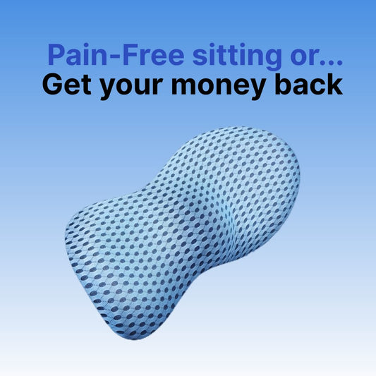 Blue ergonomic pillow with text on a blue background