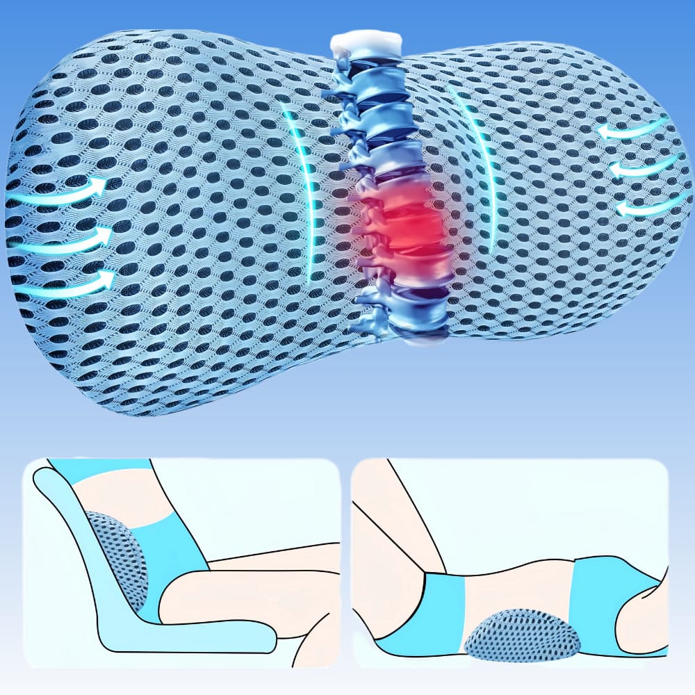 Back support pillow with mesh design and spinal illustration on a blue background