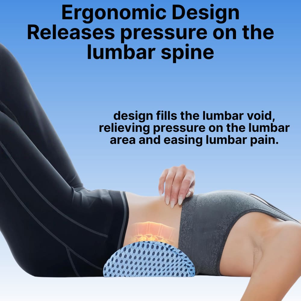 Person using a lumbar support product with text about ergonomic design and pressure relief on the lumbar spine.