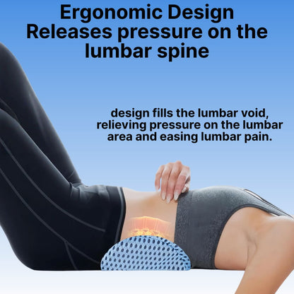 Person using a lumbar support product with text about ergonomic design and pressure relief on the lumbar spine.