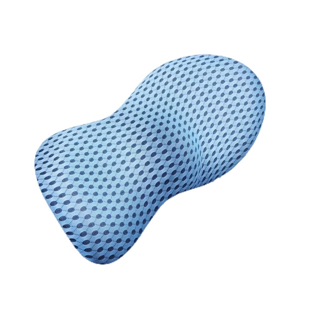 Blue ergonomic pillow with a textured surface on a white background