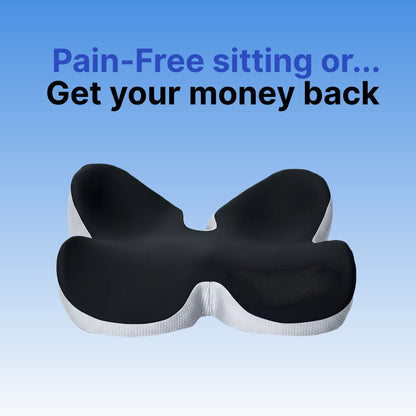 Black and white ergonomic seat cushion on a blue background with text.