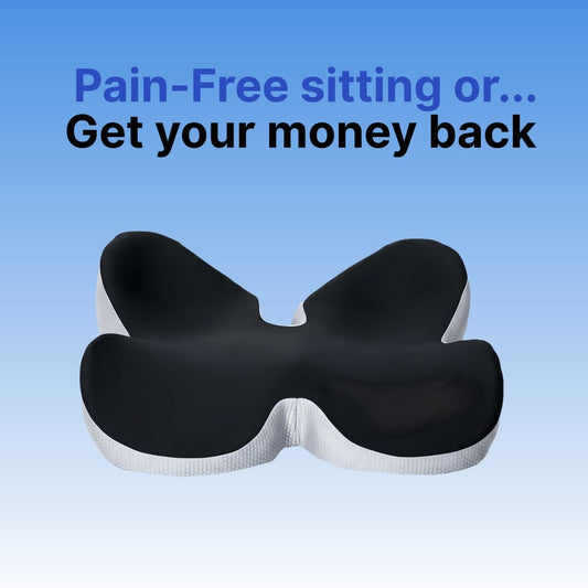 Black and white ergonomic seat cushion on a blue background with text.