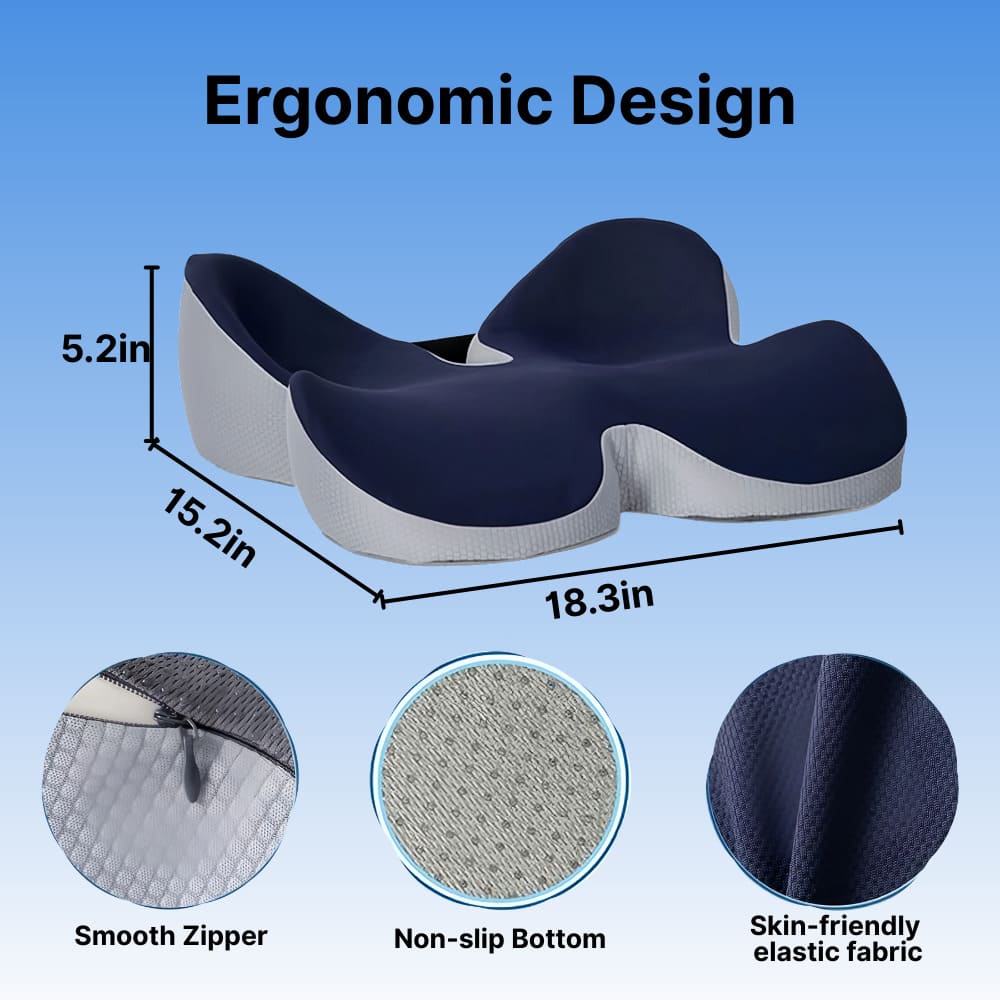 Ergonomic seat cushion with measurements and fabric texture details on a blue background