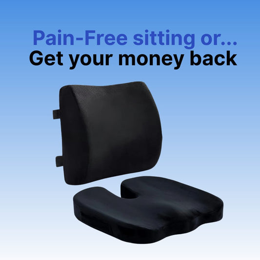 Black ergonomic seat cushion on a blue background with promotional text.