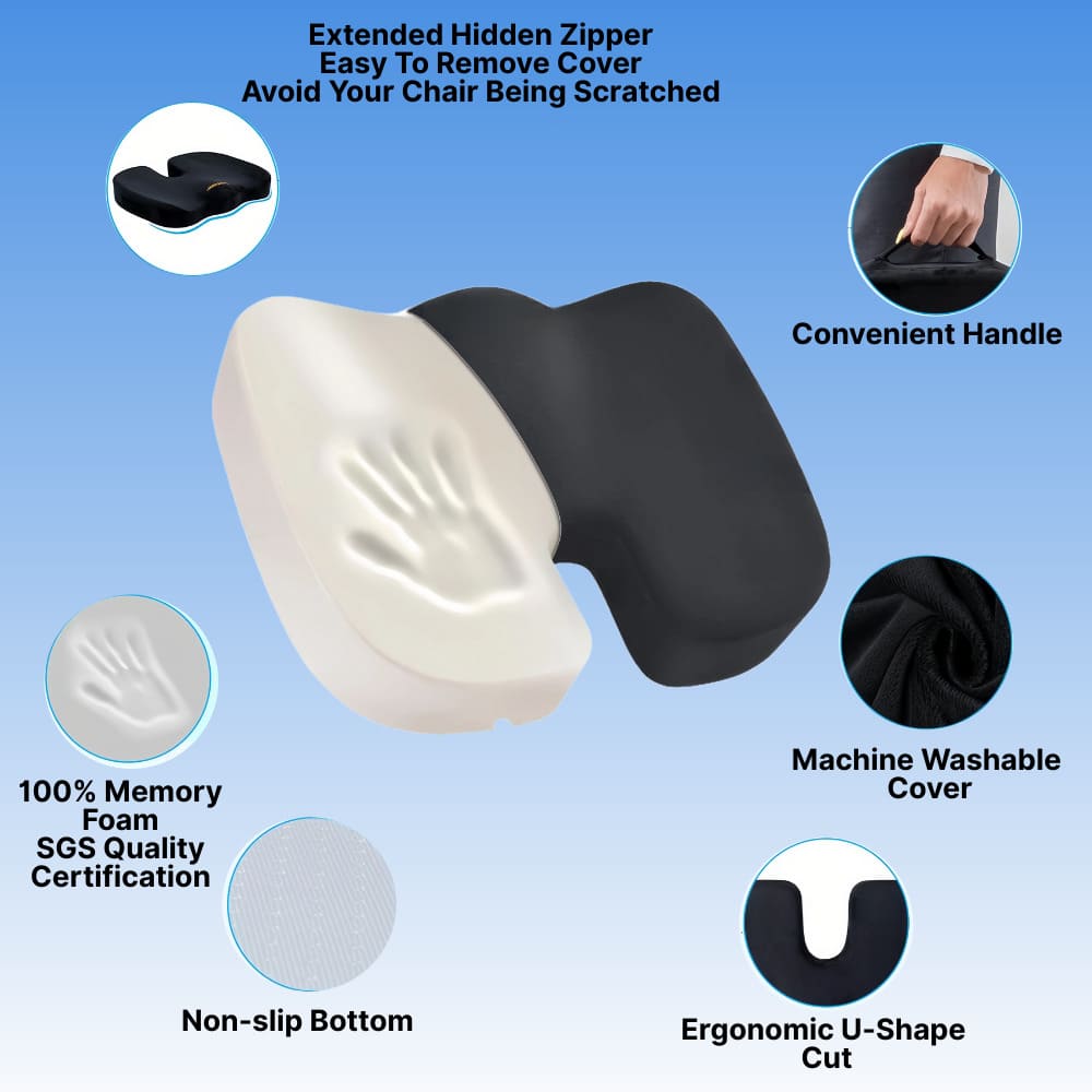 Ergonomic seat cushion with features highlighted on a blue background