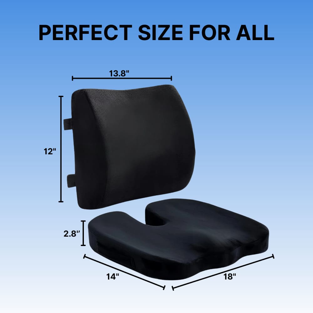 Black seat cushion with measurements on a blue background