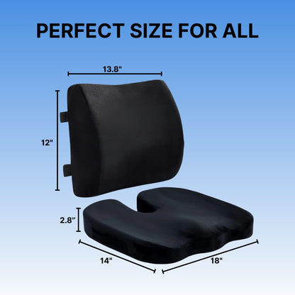 Black seat cushion with measurements on a blue background