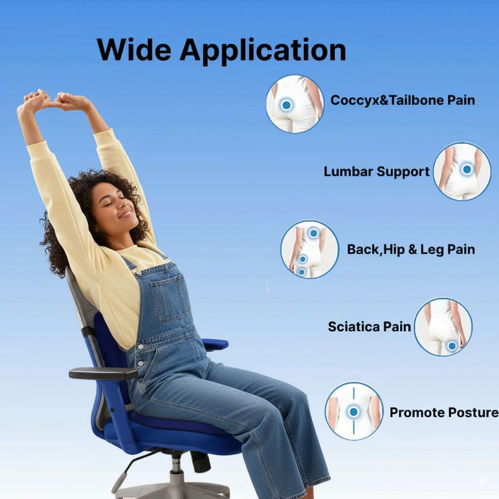 Person using a chair with pain relief features highlighted on a blue background