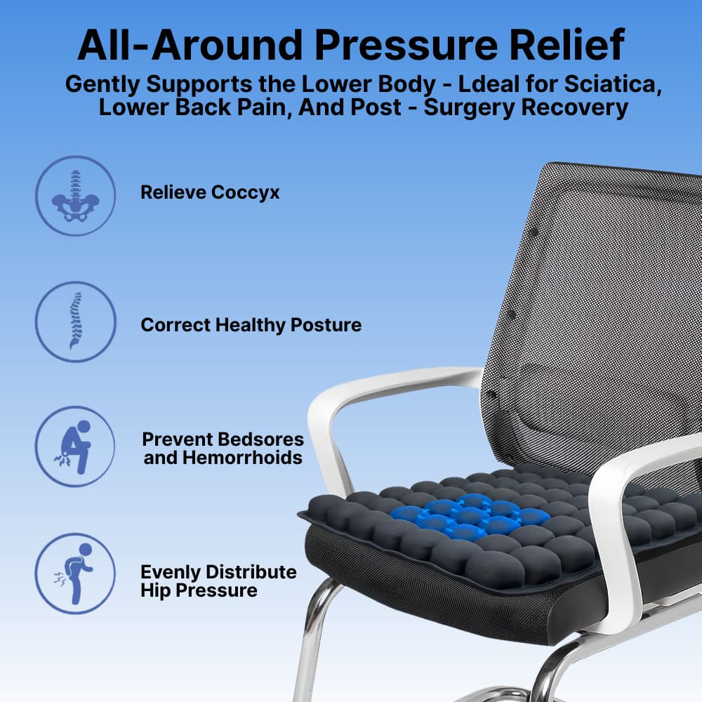 Chair with a cushioned seat pad on a blue background, highlighting pressure relief features.