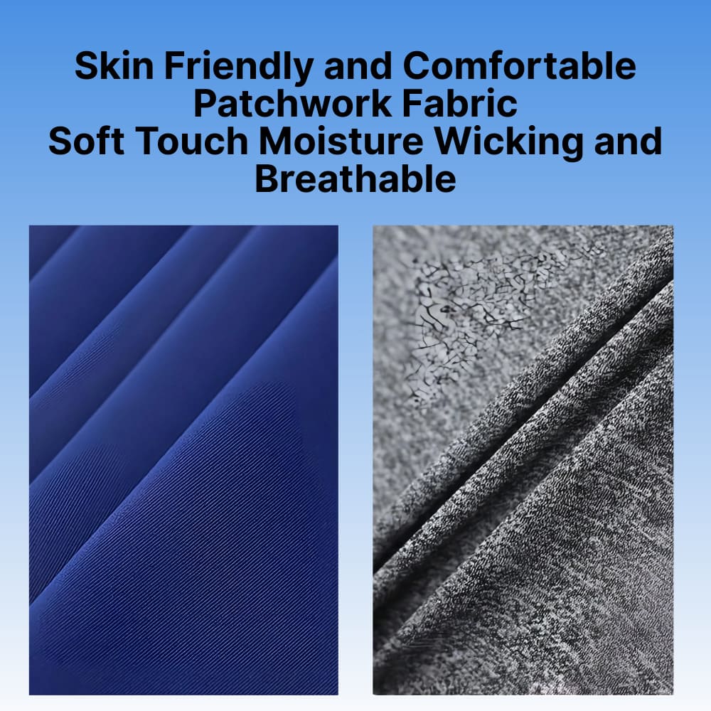 Text describing skin-friendly patchwork fabric with two fabric swatches on a blue background.